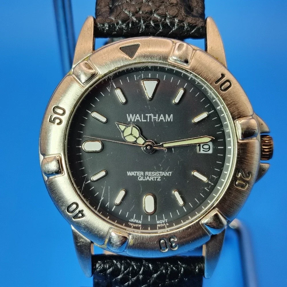 Vintage 1998 Waltham Diver Style 36mm Mens Quartz Watch New Leather Strap Resto